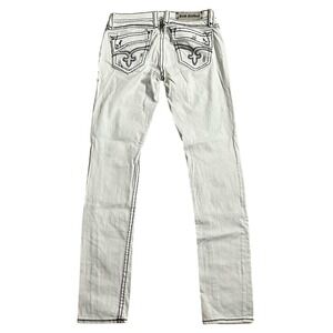 Rock Revival Johanna Skinny Jeans White Distressed Black Contrast Stitch Size 30